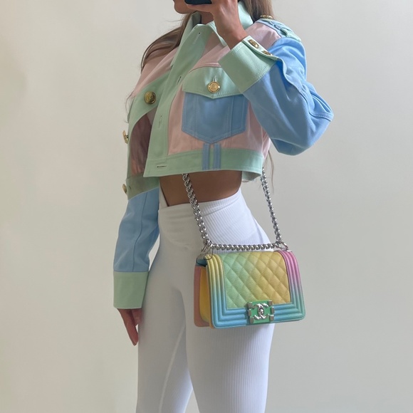 Balmain Multicolor Pastel Crop Blue Pink Seafoam Green Button Jacket Denim - Picture 10 of 11